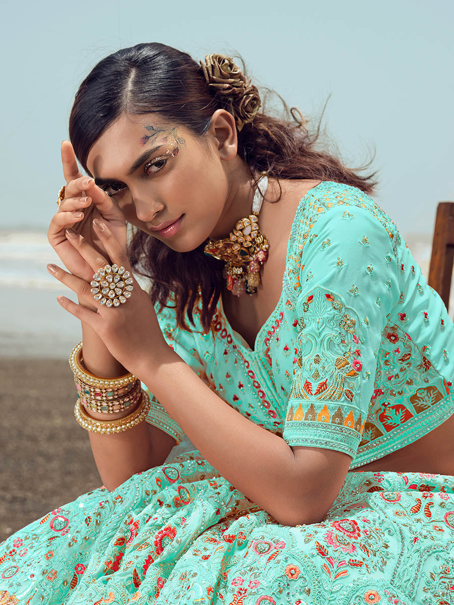 Myra Turquoise Georgette Embroidered Designer Lehenga Choli - Distacart
