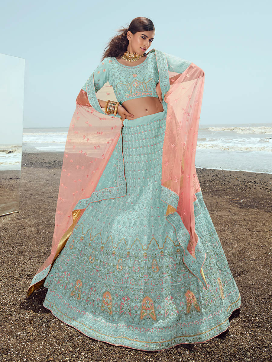 Myra Turquoise Georgette Embroidered Designer Lehenga Choli - Distacart