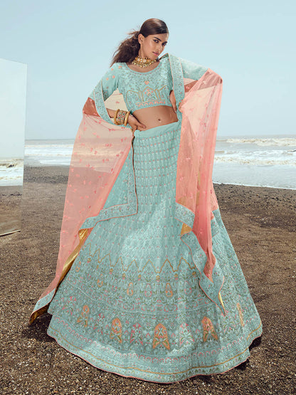 Myra Turquoise Georgette Embroidered Designer Lehenga Choli - Distacart