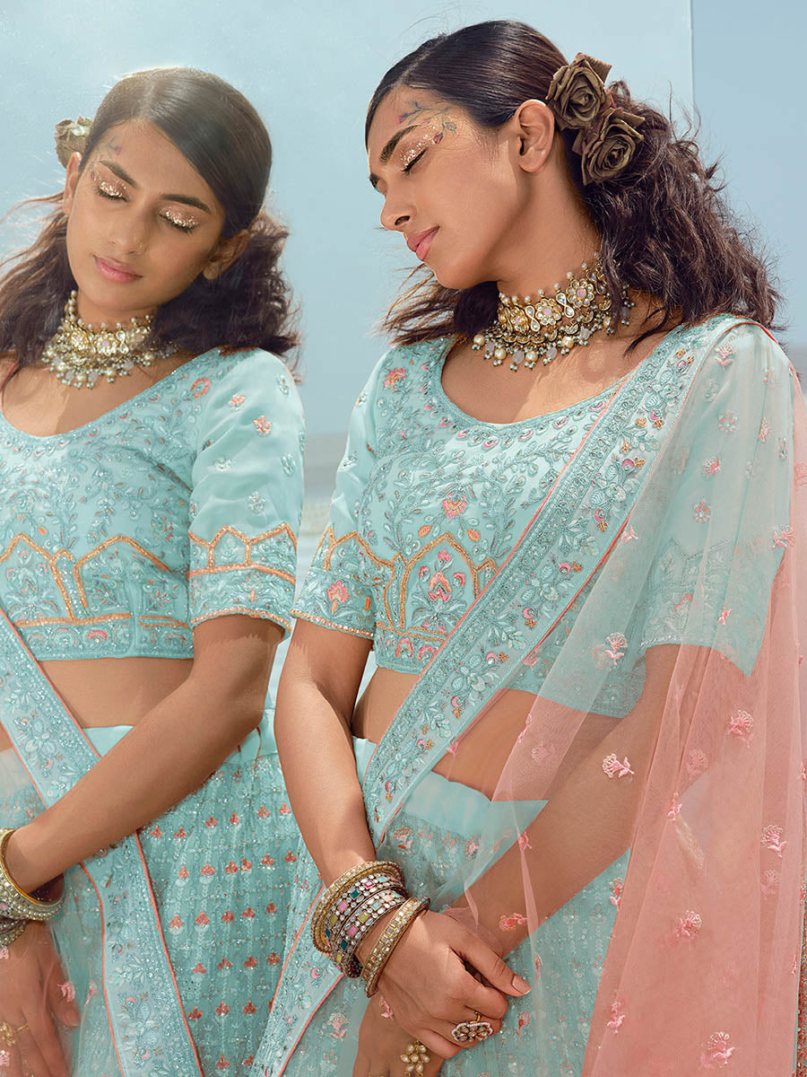 Myra Turquoise Georgette Embroidered Designer Lehenga Choli - Distacart
