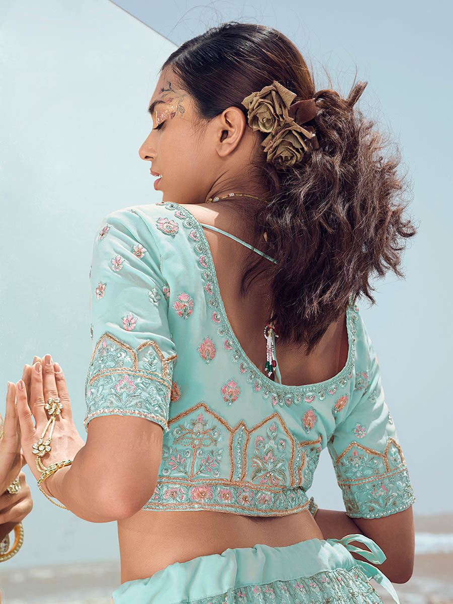 Myra Turquoise Georgette Embroidered Designer Lehenga Choli - Distacart
