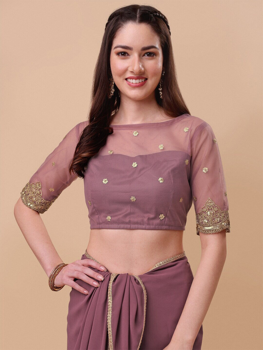 Sangria Mauve Embroidered Poly Georgette Saree - Distacart
