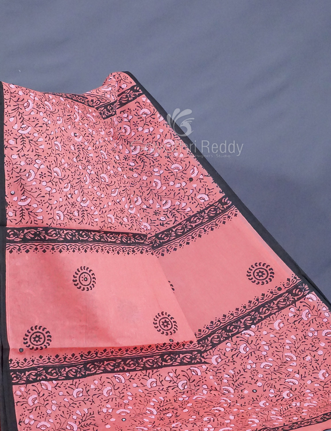 Peach Colour Block Print With Mirron Embroidered Pure Mulmul Cotton Saree By Gayathri Reddy Designer Studio - Distacart