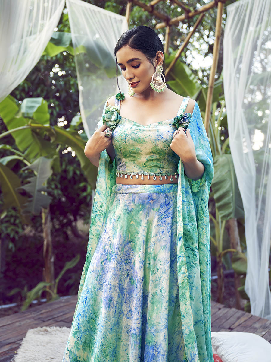 Myra Sky Silk Digital Printed Designer Lehenga - Distacart