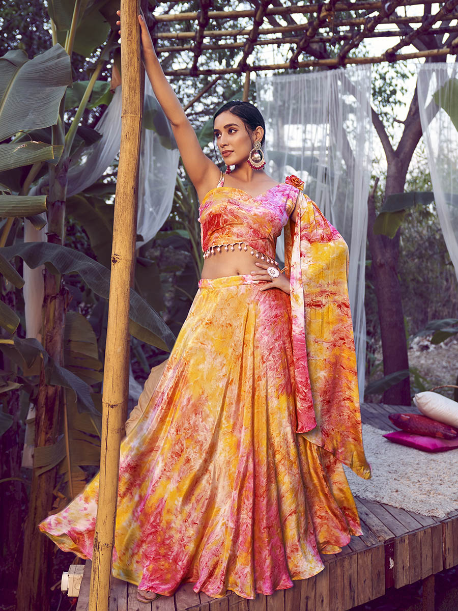 Myra Orange Silk Digital Printed Designer Lehenga - Distacart
