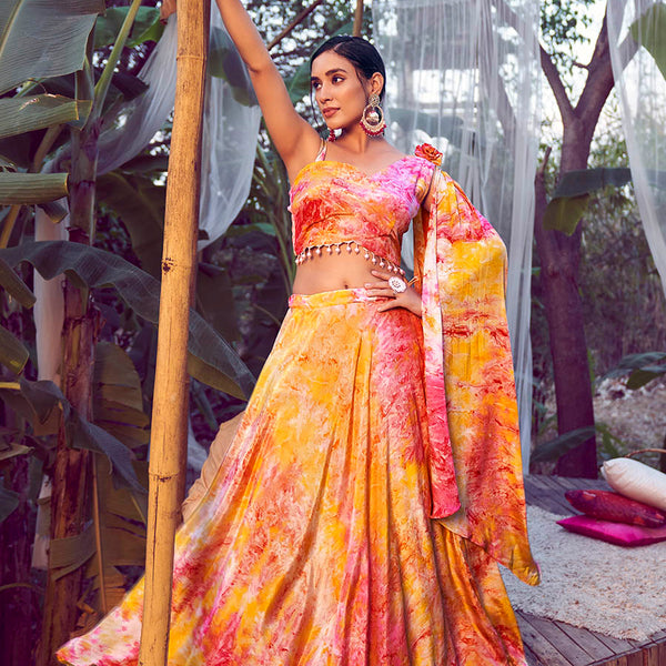 Myra Orange Silk Digital Printed Designer Lehenga - Distacart