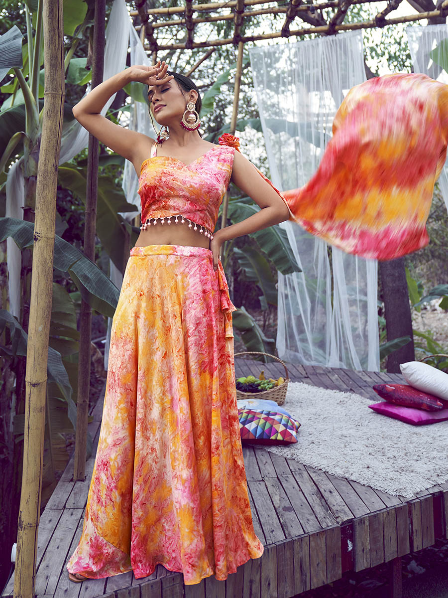 Myra Orange Silk Digital Printed Designer Lehenga - Distacart