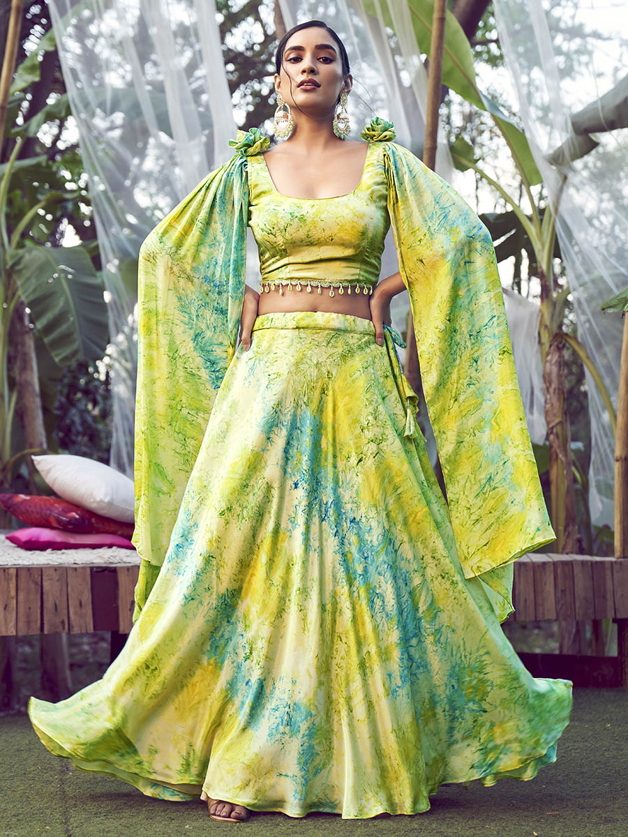 Myra Fluorescent Green Silk Digital Printed Designer Lehenga - Distacart