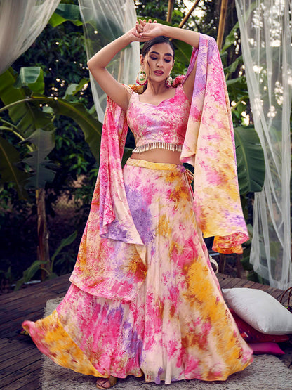 Myra Purple Pink Silk Digital Printed Designer Lehenga - Distacart