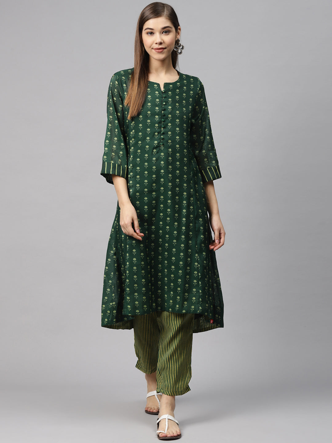Biba Women Green Printed Kurta with Trousers - Distacart