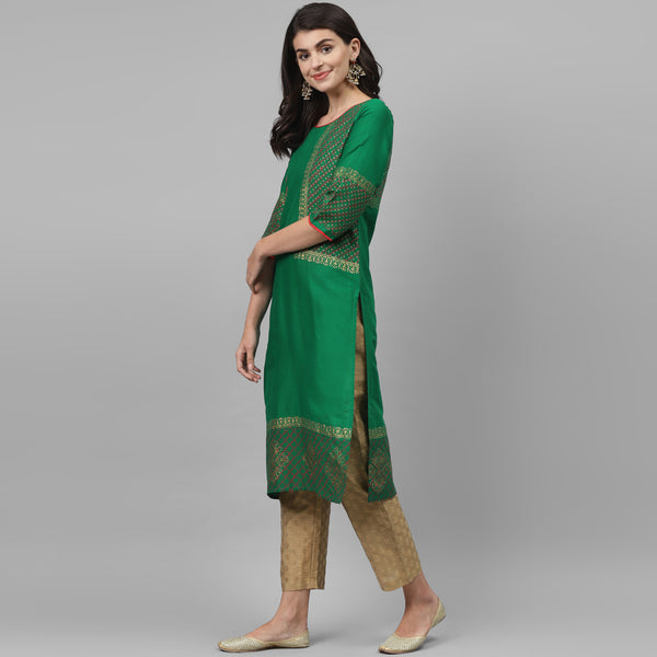 Maai Rayon Hand Printed Kurta Green - Distacart