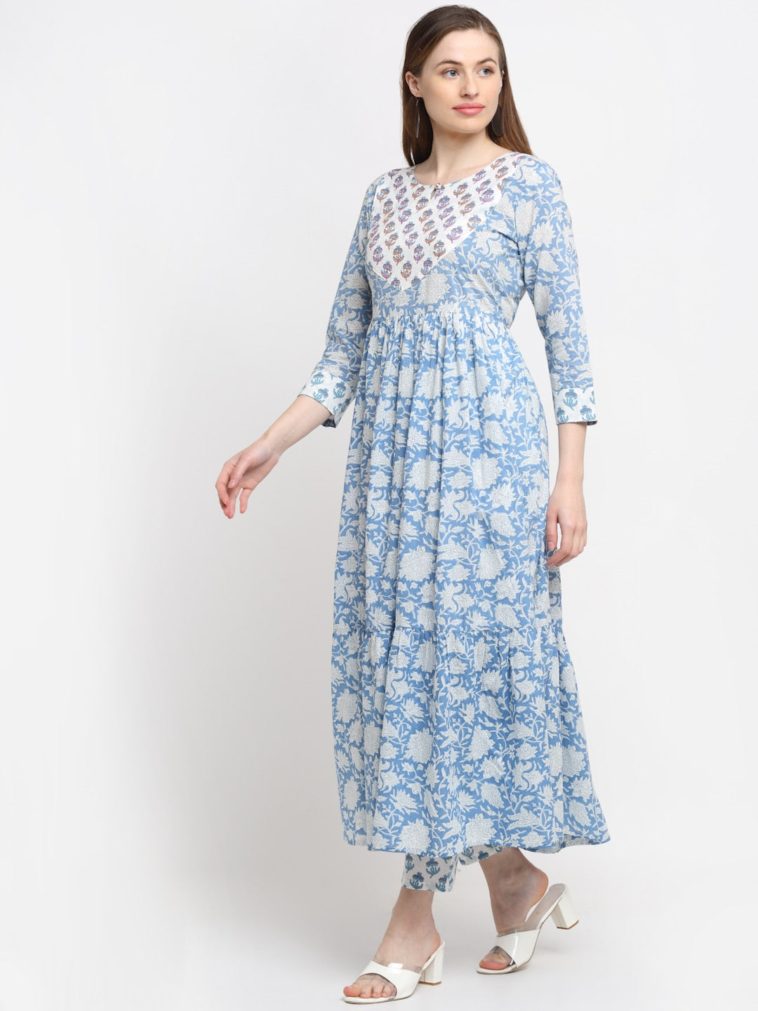 Kalini Women Blue Floral Printed Pure Cotton Kurta with Trouser - Distacart