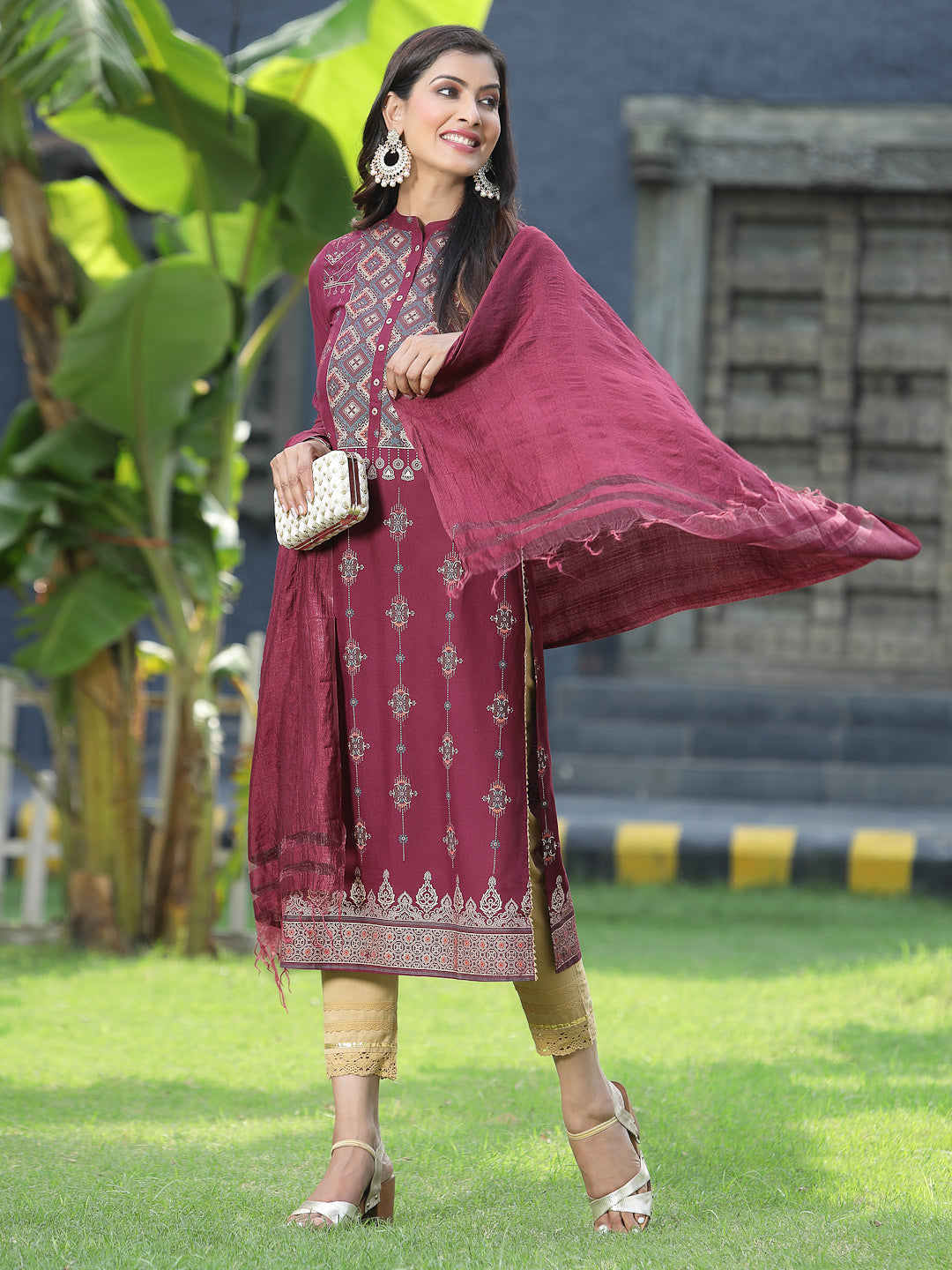 Juniper Womens Wine Rayon Foil Printed Kurta With Dupatta Set - Distacart