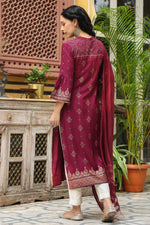 Thumbnail for Juniper Women's Wine Rayon Printed Straight Kurta Dupatta Set - Distacart