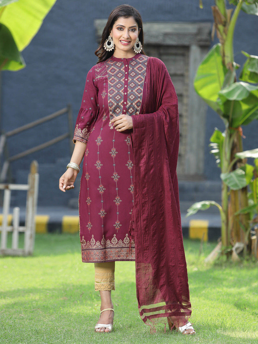 Juniper Womens Wine Rayon Foil Printed Kurta With Dupatta Set - Distacart