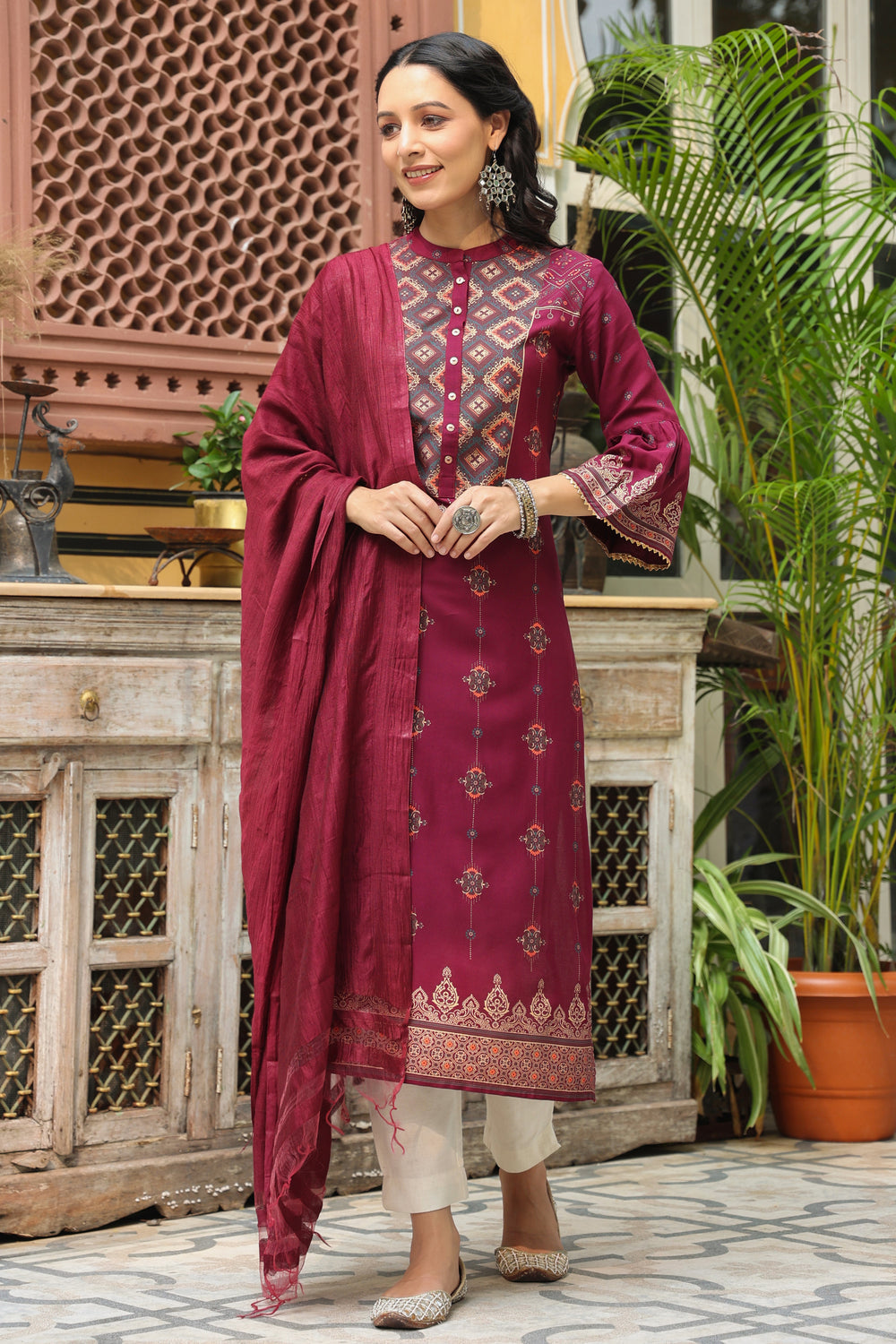 Juniper Women's Wine Rayon Printed Straight Kurta Dupatta Set - Distacart