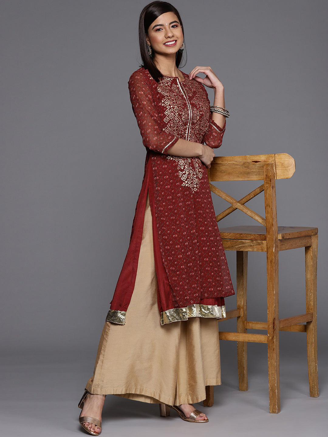 Biba Women Maroon & Beige Ethnic Motifs Printed Kurta - Distacart