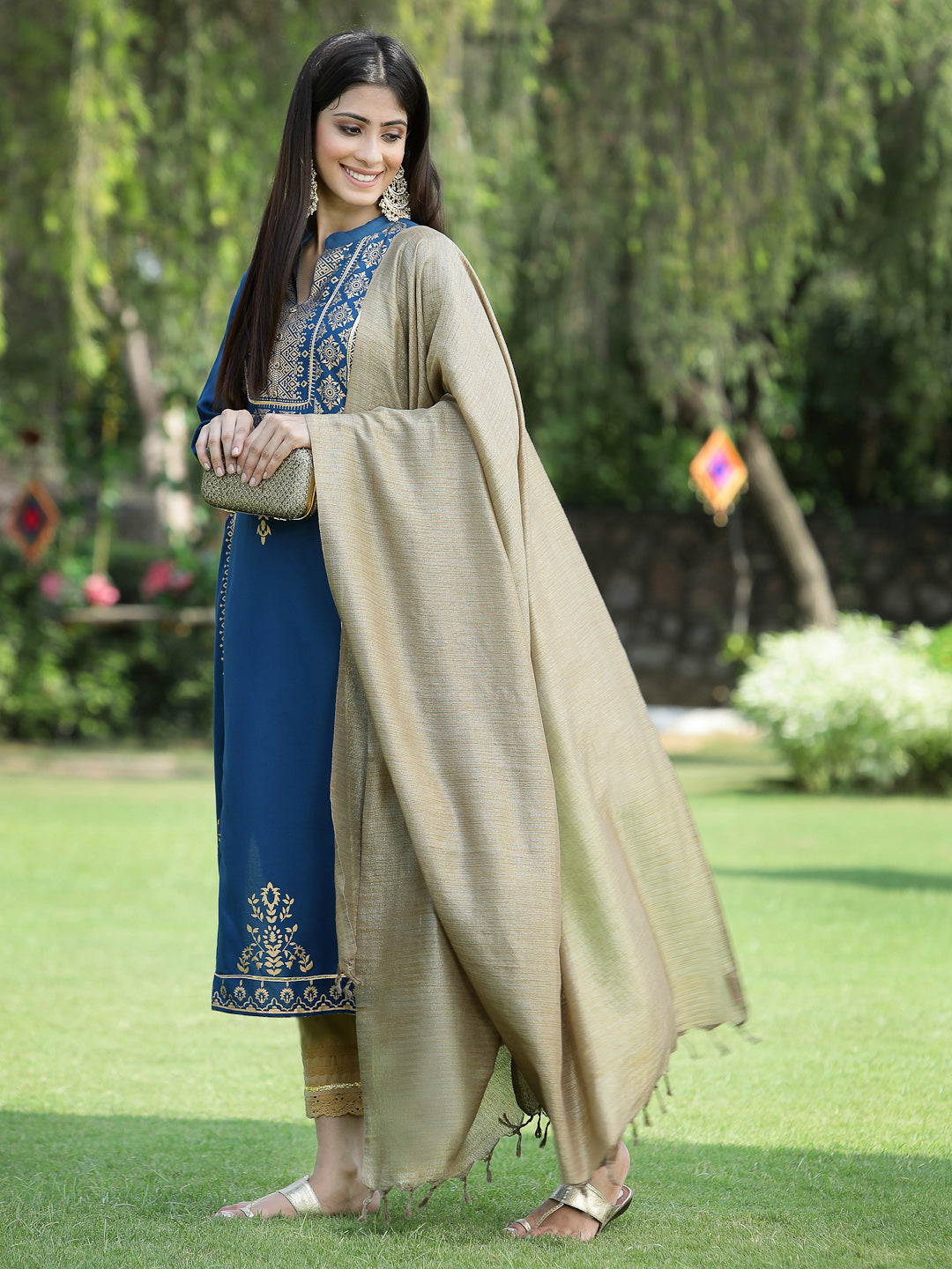 Juniper Womens Teal Rayon Foil Printed Kurta With Dupatta Set - Distacart