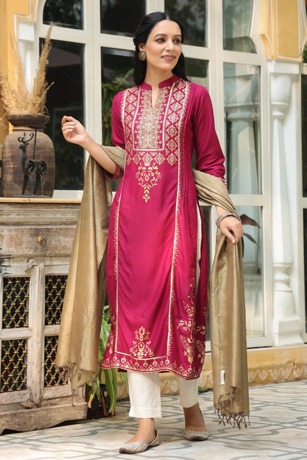 Juniper Women's Wine Rayon Printed Straight Kurta Dupatta Set - Distacart