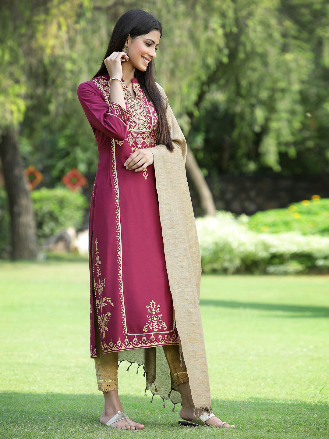 Juniper Womens Wine Color Rayon Foil Printed Kurta With Dupatta Set - Distacart