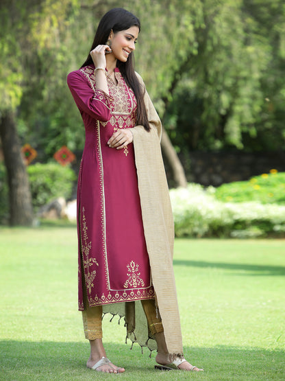 Juniper Womens Wine Color Rayon Foil Printed Kurta With Dupatta Set - Distacart