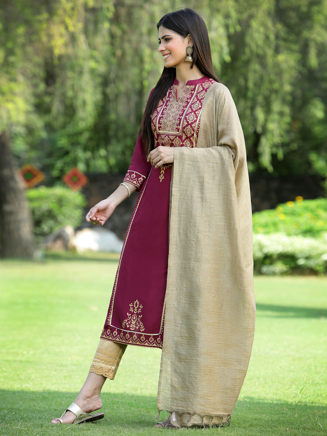 Juniper Womens Wine Color Rayon Foil Printed Kurta With Dupatta Set - Distacart