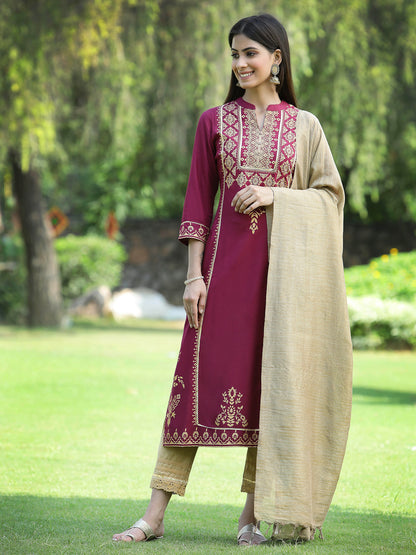 Juniper Womens Wine Color Rayon Foil Printed Kurta With Dupatta Set - Distacart