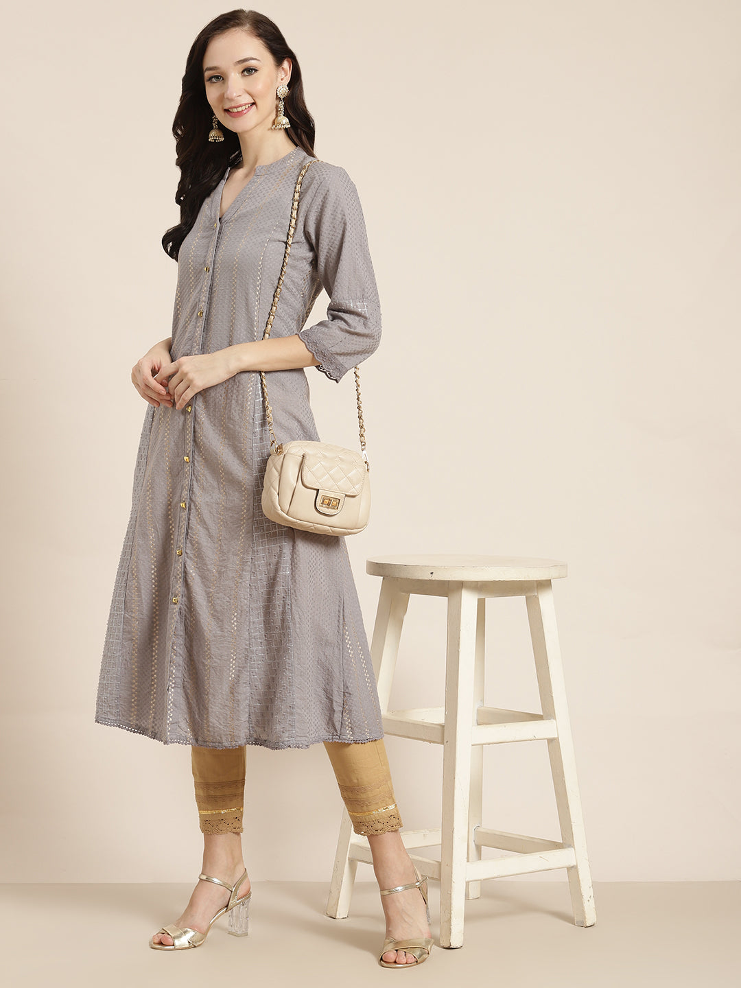 Juniper Womens Grey Cotton Dobby Kalidar Kurta - Distacart