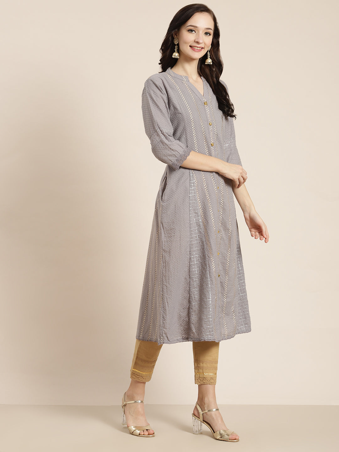 Juniper Womens Grey Cotton Dobby Kalidar Kurta - Distacart