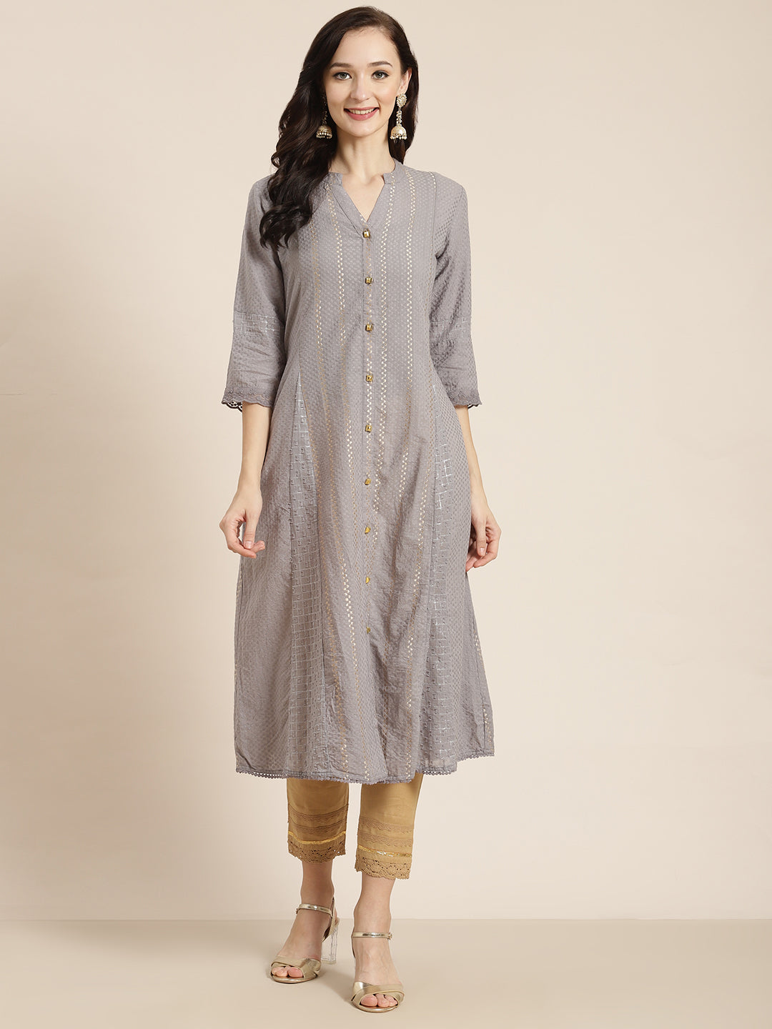Juniper Womens Grey Cotton Dobby Kalidar Kurta - Distacart