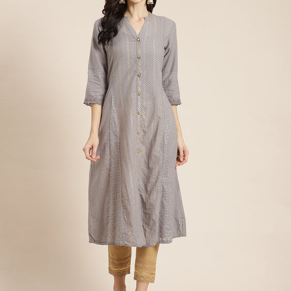 Juniper Womens Grey Cotton Dobby Kalidar Kurta - Distacart