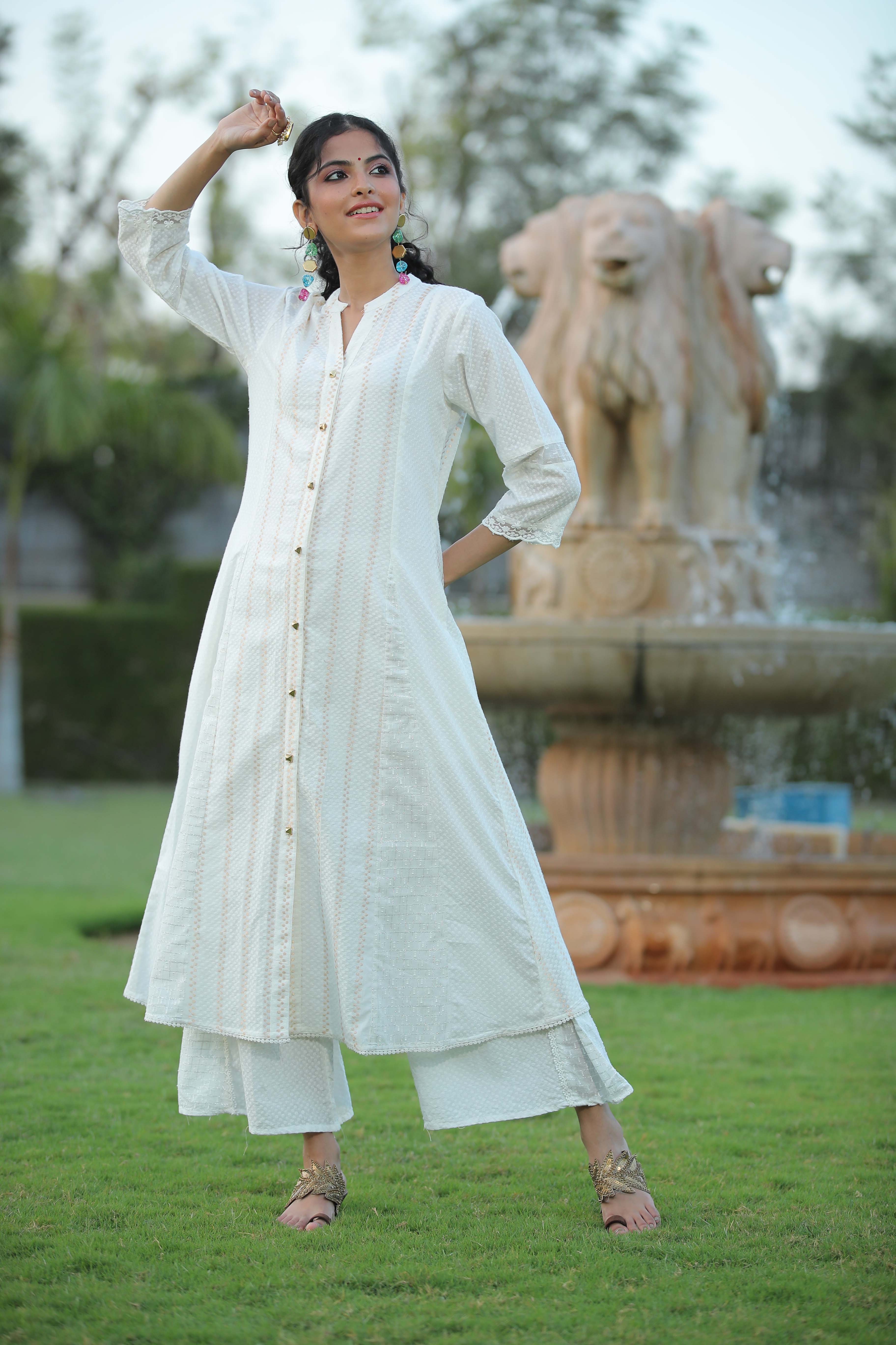 Juniper Womens White Cotton Dobby Kalidar Kurta - Distacart