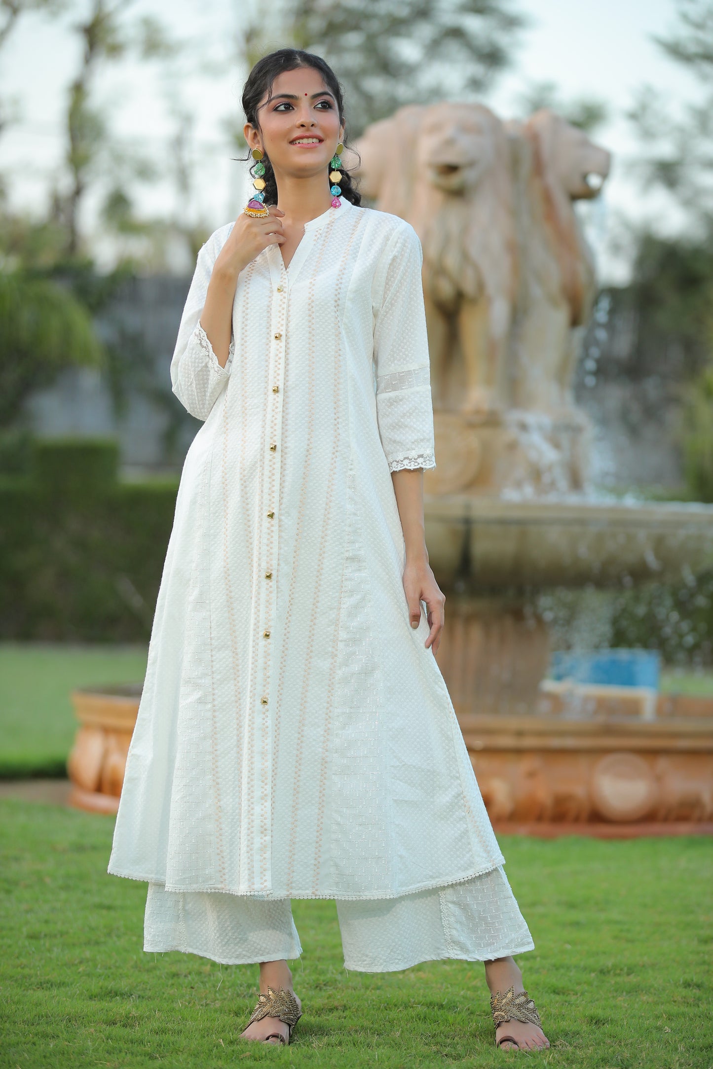 Juniper Womens White Cotton Dobby Kalidar Kurta - Distacart