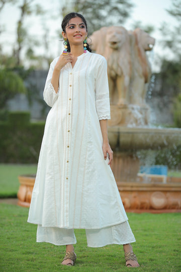 Juniper Womens White Cotton Dobby Kalidar Kurta - Distacart