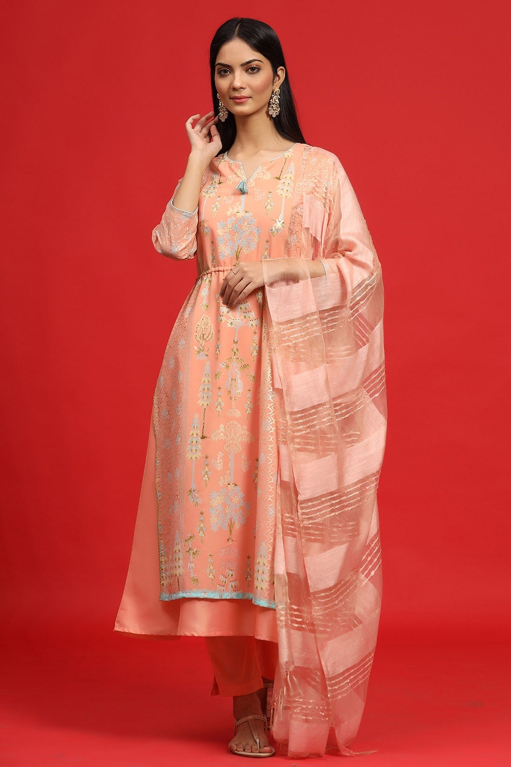 Juniper Women's Orange Georgette Printed Layered Kurta Sets - Distacart