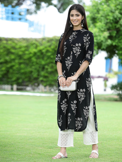Juniper Womens Black Rayon Slub Printed Straight Kurta - Distacart