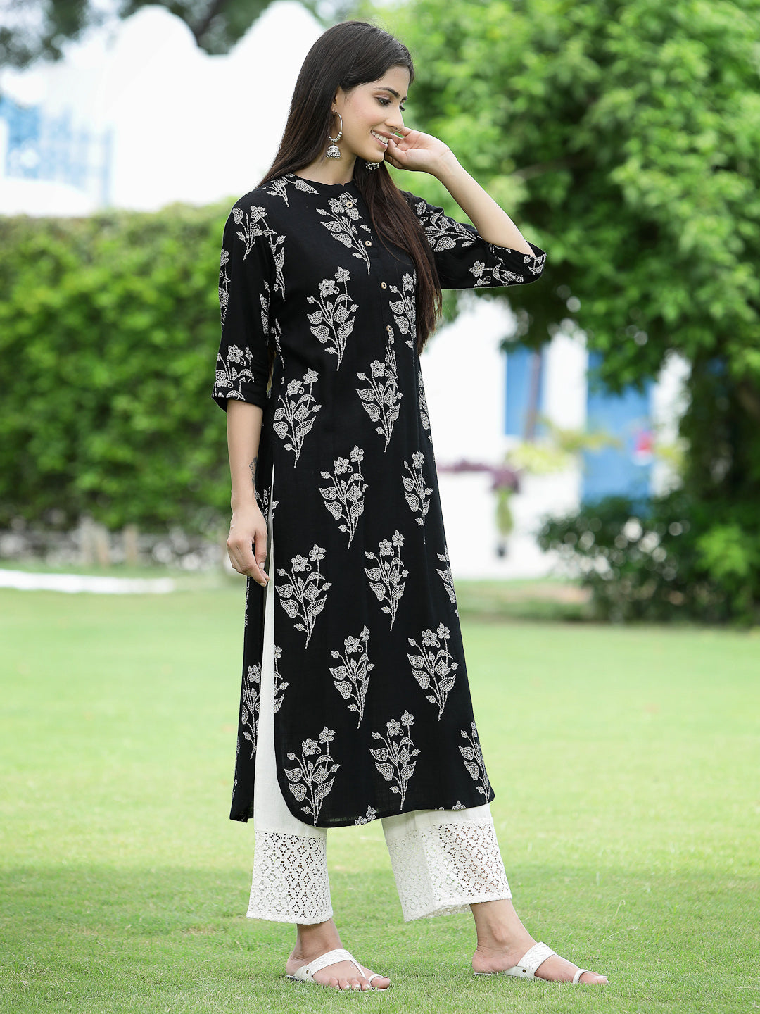 Juniper Womens Black Rayon Slub Printed Straight Kurta - Distacart
