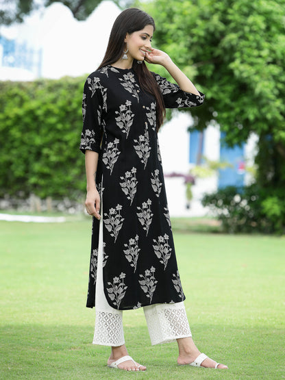 Juniper Womens Black Rayon Slub Printed Straight Kurta - Distacart