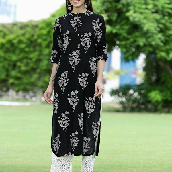 Juniper Womens Black Rayon Slub Printed Straight Kurta - Distacart