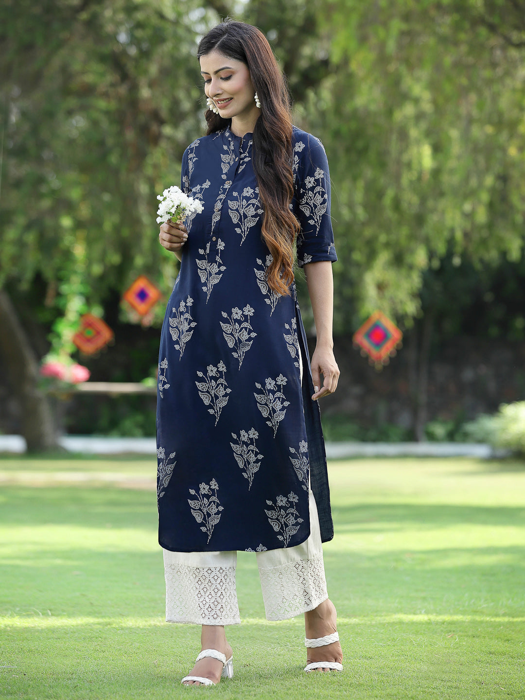 Juniper Womens Indigo Rayon Slub Printed Straight Kurta - Distacart