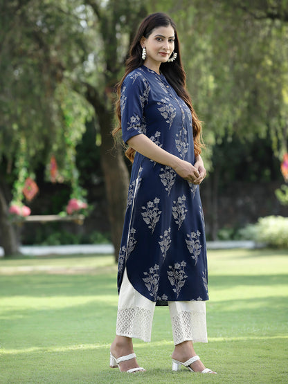 Juniper Womens Indigo Rayon Slub Printed Straight Kurta - Distacart