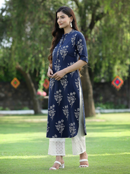 Juniper Womens Indigo Rayon Slub Printed Straight Kurta - Distacart