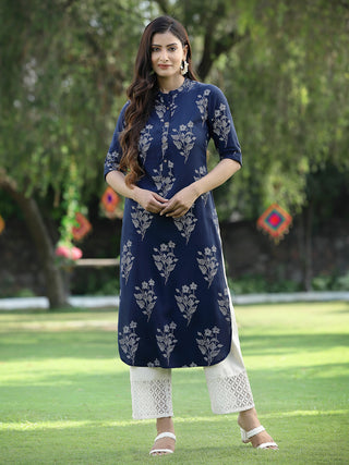 Juniper Womens Indigo Rayon Slub Printed Straight Kurta - Distacart