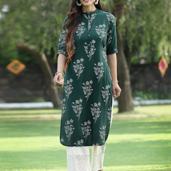 Juniper Womens Jadegreen Rayon Slub Printed Straight Kurta - Distacart