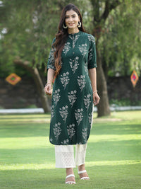 Thumbnail for Juniper Womens Jadegreen Rayon Slub Printed Straight Kurta - Distacart