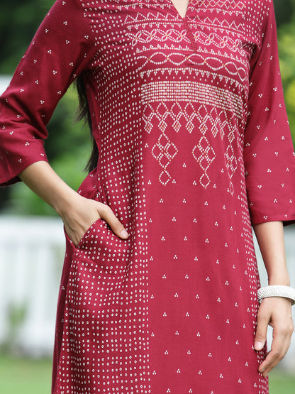 Juniper Womens Maroon Rayon Slub Placement Printed A Line Kurta - Distacart