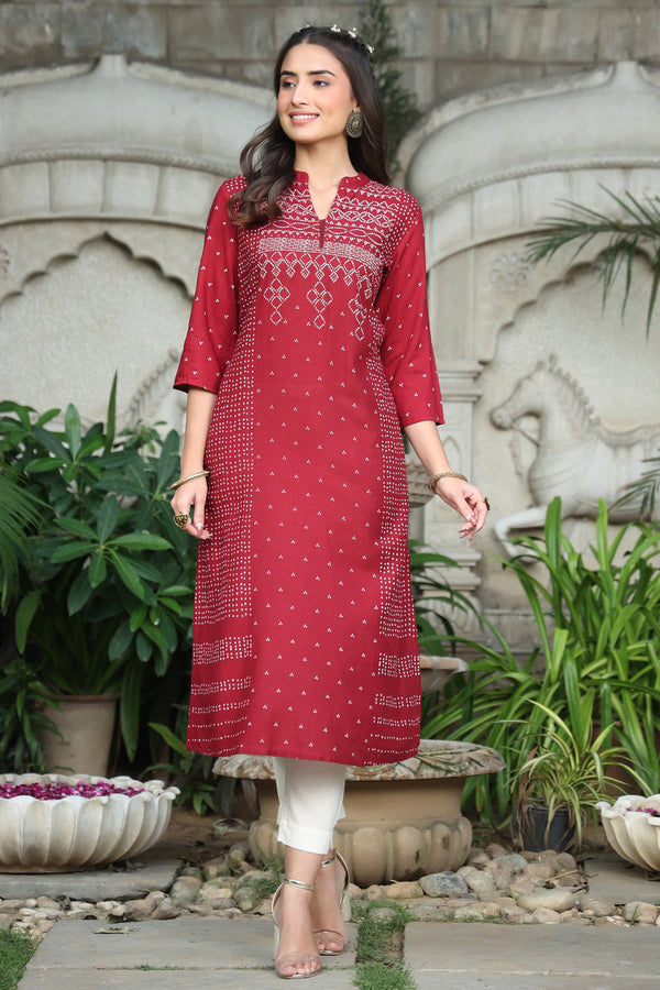 Juniper Women's Maroon Rayon Slub Bandhani A-Line Kurta - Distacart