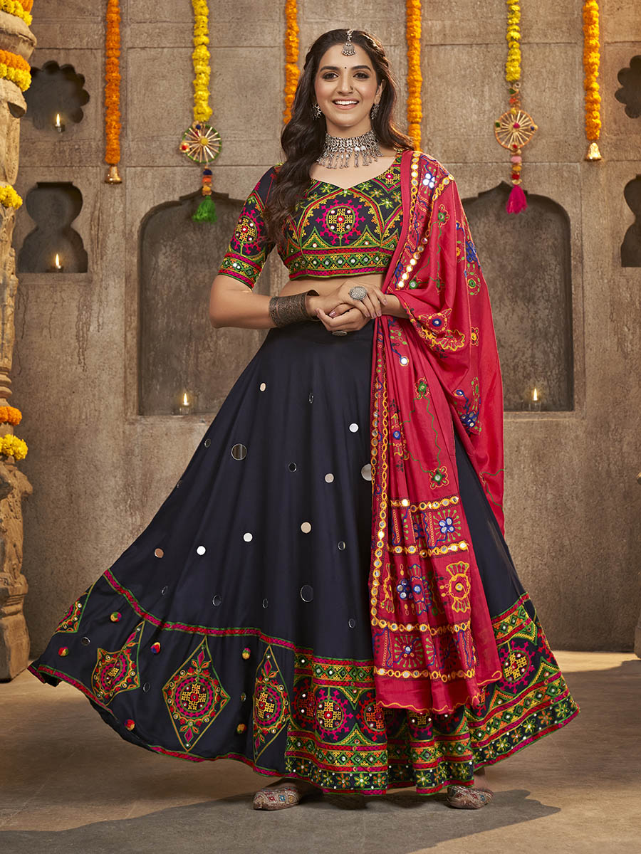 Myra Navy Blue Viscose Rayon and Cotton Embroidered with Print Designer Lehenga - Distacart