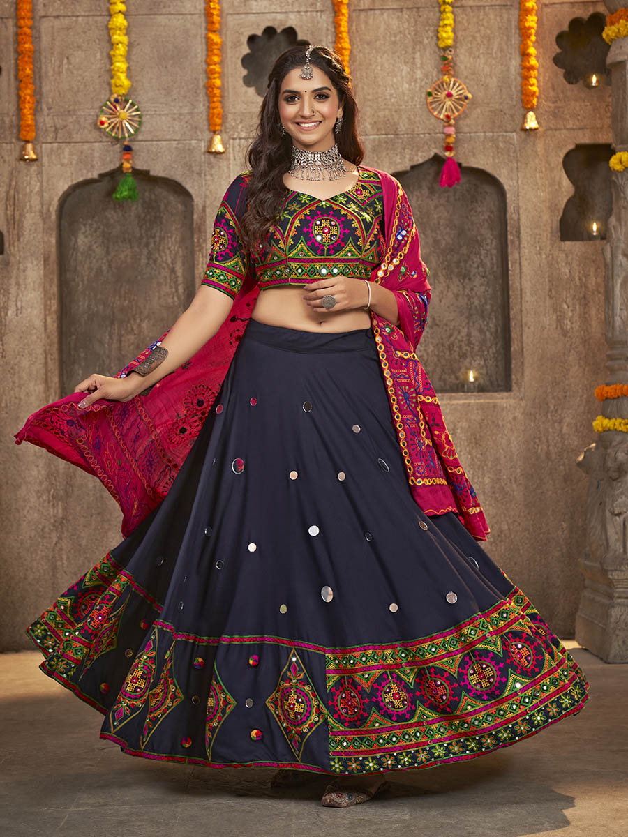 Myra Navy Blue Viscose Rayon and Cotton Embroidered with Print Designer Lehenga - Distacart