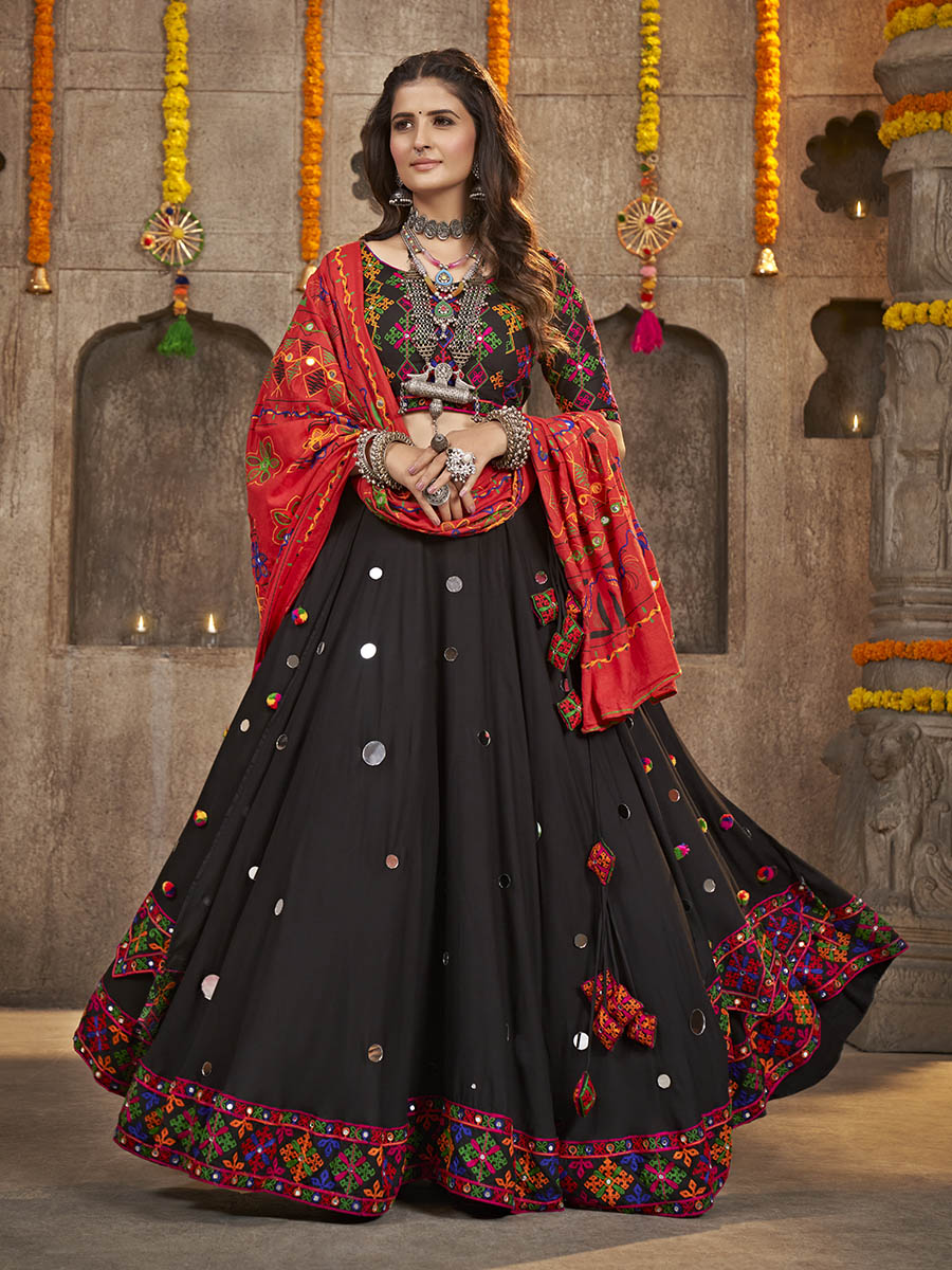 Myra Black Viscose Rayon and Cotton Embroidered with Print Designer Lehenga - Distacart